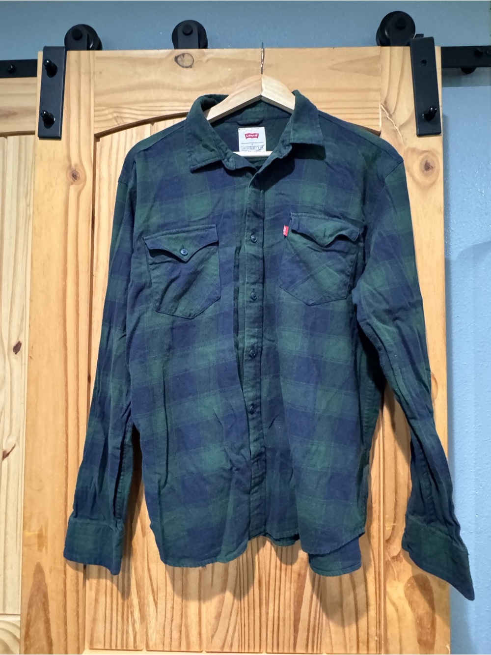 Levi's Men's Navy and Green Plaid Button-Up Shirt